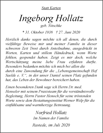 Traueranzeige von Ingeborg Hollatz von Nordwest-Zeitung