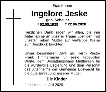 Traueranzeige von Ingelore Jeske von Nordwest-Zeitung