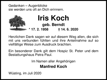 Traueranzeige von Iris Koch von Nordwest-Zeitung