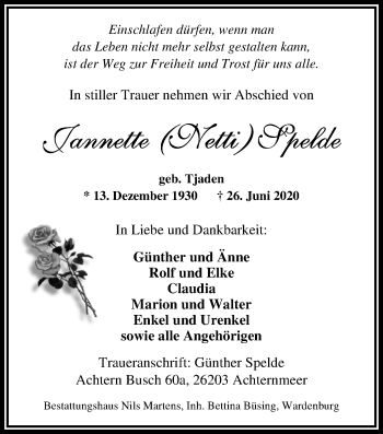 Traueranzeige von Jannette (Netti) Spelde von Nordwest-Zeitung