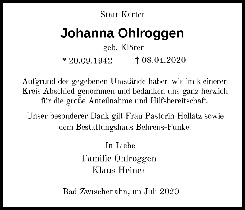  Traueranzeige für Johanna Ohlroggen vom 04.07.2020 aus Nordwest-Zeitung
