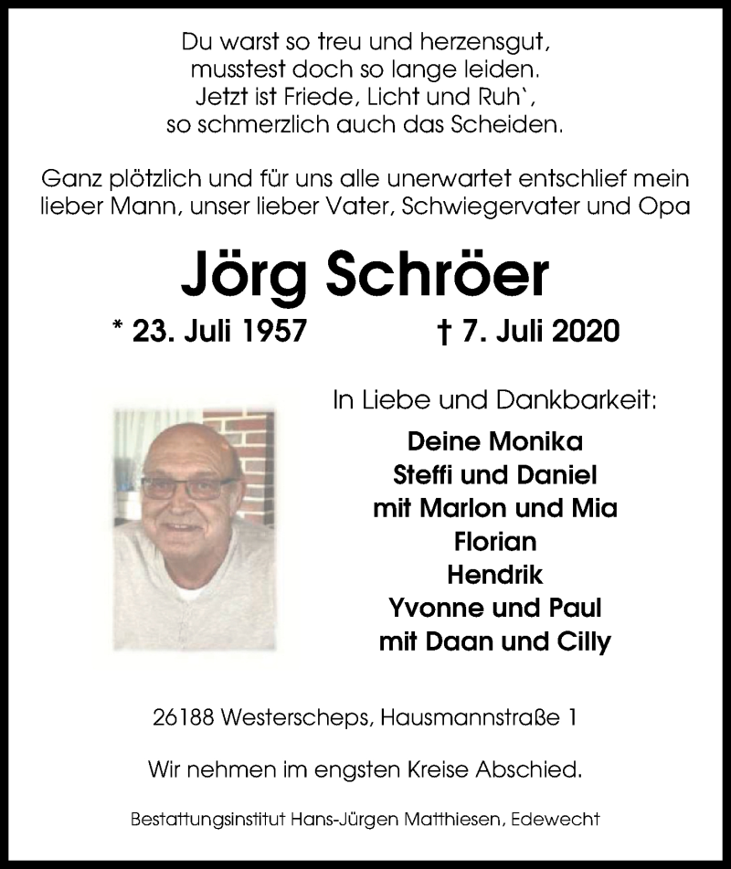  Traueranzeige für Jörg Schröer vom 13.07.2020 aus Nordwest-Zeitung