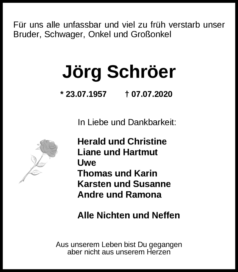  Traueranzeige für Jörg Schröer vom 13.07.2020 aus Nordwest-Zeitung