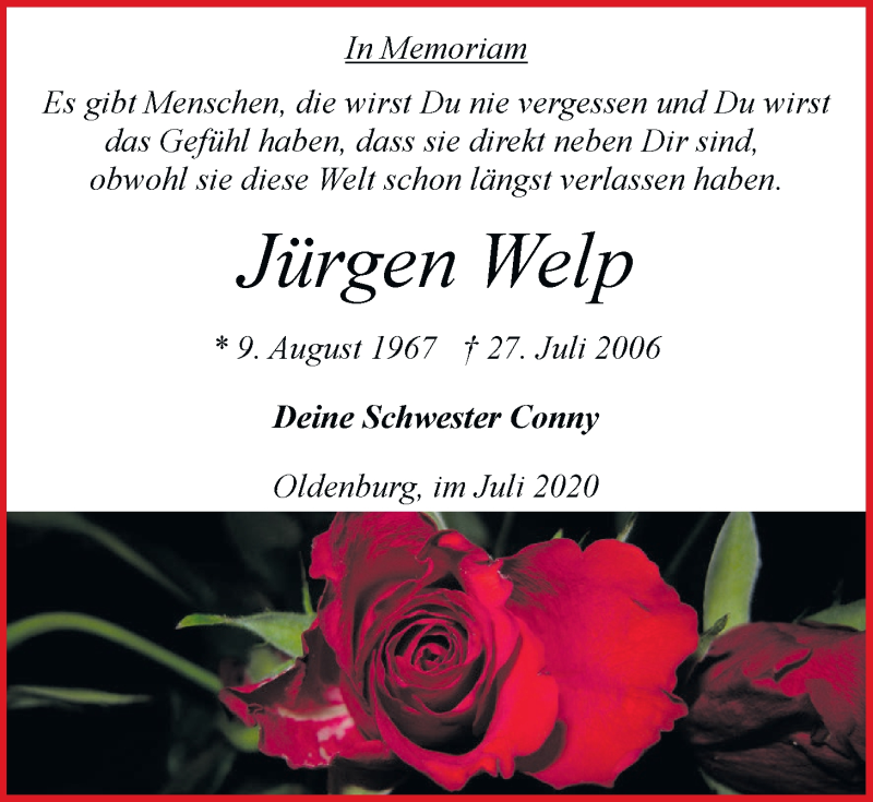  Traueranzeige für Jürgen Welp vom 27.07.2020 aus Nordwest-Zeitung