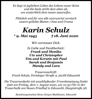 Traueranzeige von Karin Schulz von Nordwest-Zeitung
