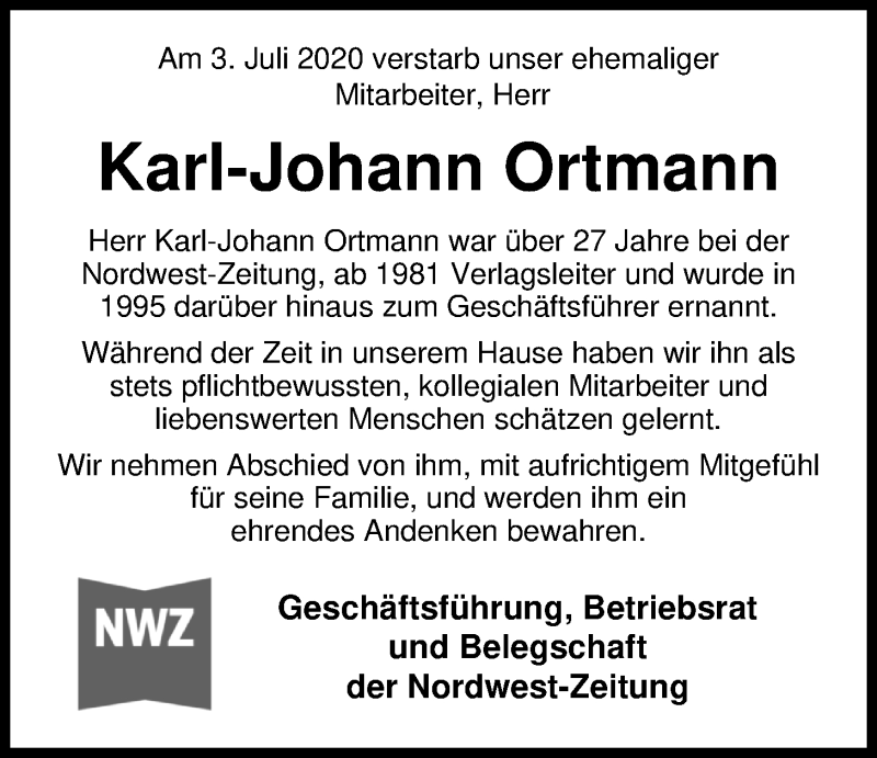  Traueranzeige für Karl-Johann Ortmann vom 07.07.2020 aus Nordwest-Zeitung