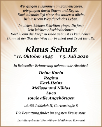 Traueranzeige von Klaus Schulz von Nordwest-Zeitung
