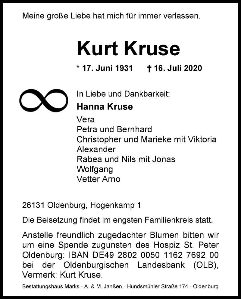  Traueranzeige für Kurt Kruse vom 25.07.2020 aus Nordwest-Zeitung