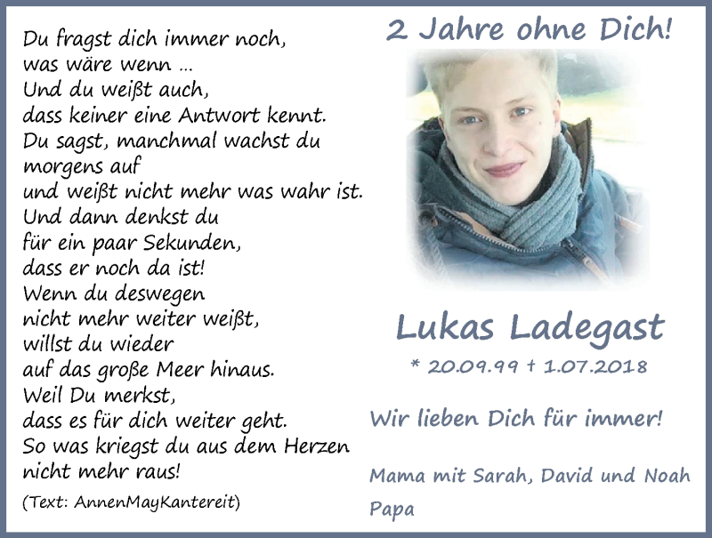  Traueranzeige für Lukas Ladegast vom 01.07.2020 aus Nordwest-Zeitung
