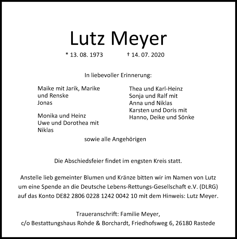  Traueranzeige für Lutz Meyer vom 18.07.2020 aus Nordwest-Zeitung