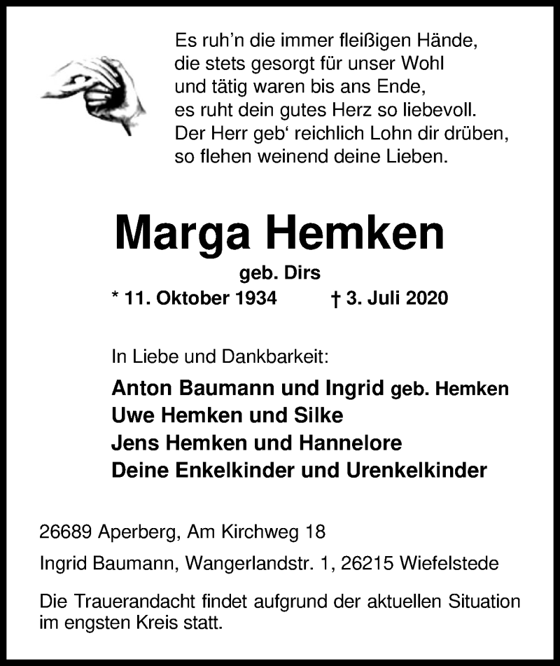  Traueranzeige für Marga Hemken vom 07.07.2020 aus Nordwest-Zeitung