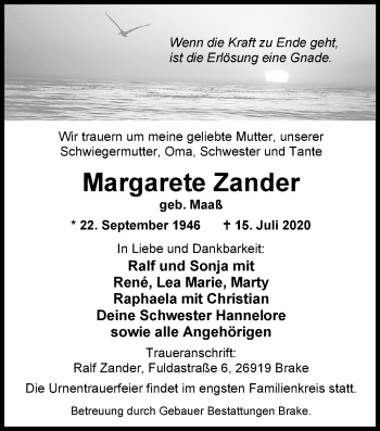 Traueranzeige von Margarete Zander von Nordwest-Zeitung