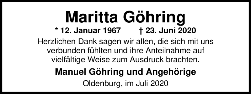  Traueranzeige für Maritta Göhring vom 18.07.2020 aus Nordwest-Zeitung