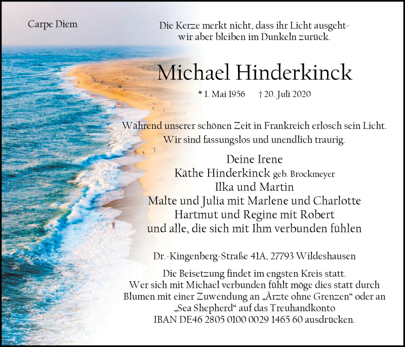  Traueranzeige für Michael Hinderkinck vom 29.07.2020 aus Nordwest-Zeitung