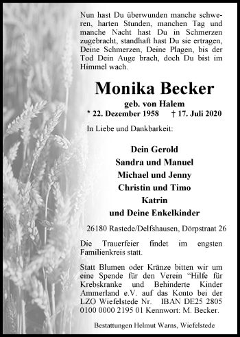 Traueranzeige von Monika Becker von Nordwest-Zeitung