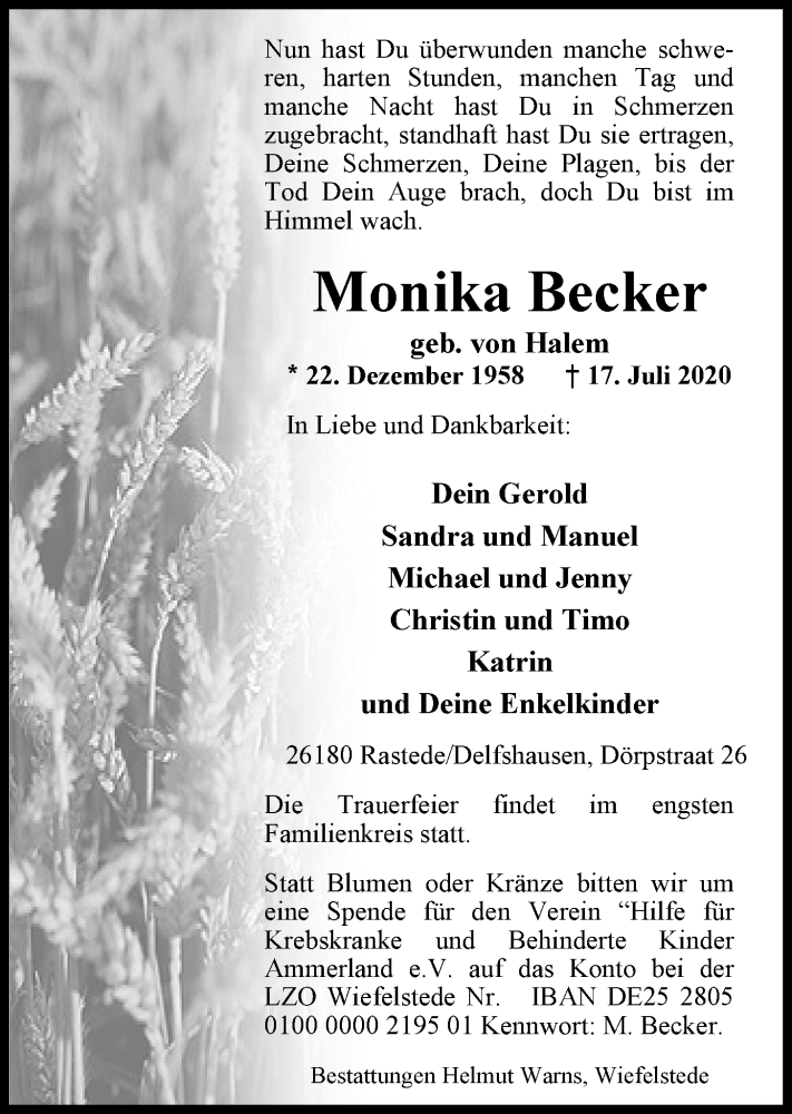  Traueranzeige für Monika Becker vom 22.07.2020 aus Nordwest-Zeitung