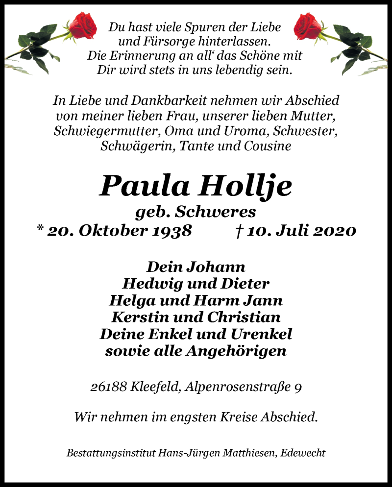  Traueranzeige für Paula Hollje vom 16.07.2020 aus Nordwest-Zeitung