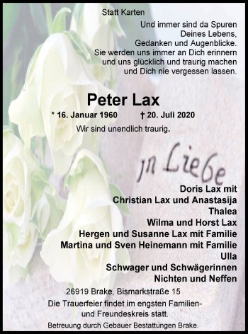 Traueranzeige von Peter Lax von Nordwest-Zeitung