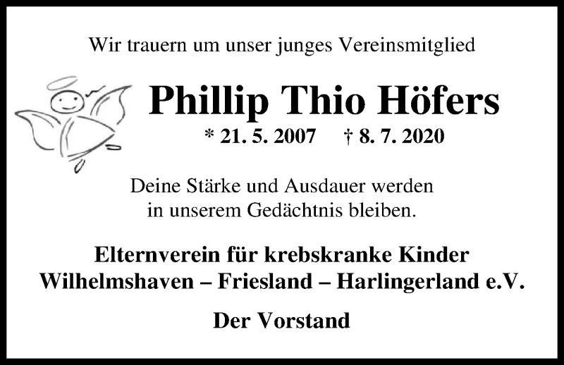  Traueranzeige für Phillip Thio Höfers vom 11.07.2020 aus Nordwest-Zeitung