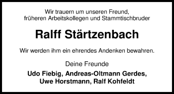 Traueranzeige von Ralff Stärtzenbach von Nordwest-Zeitung