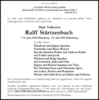 Traueranzeige von Ralff Stärtzenbach von Nordwest-Zeitung