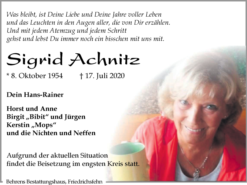  Traueranzeige für Sigrid Achnitz vom 22.07.2020 aus Nordwest-Zeitung