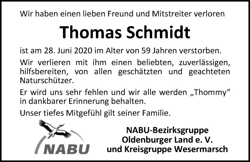  Traueranzeige für Thomas Schmidt vom 02.07.2020 aus Nordwest-Zeitung