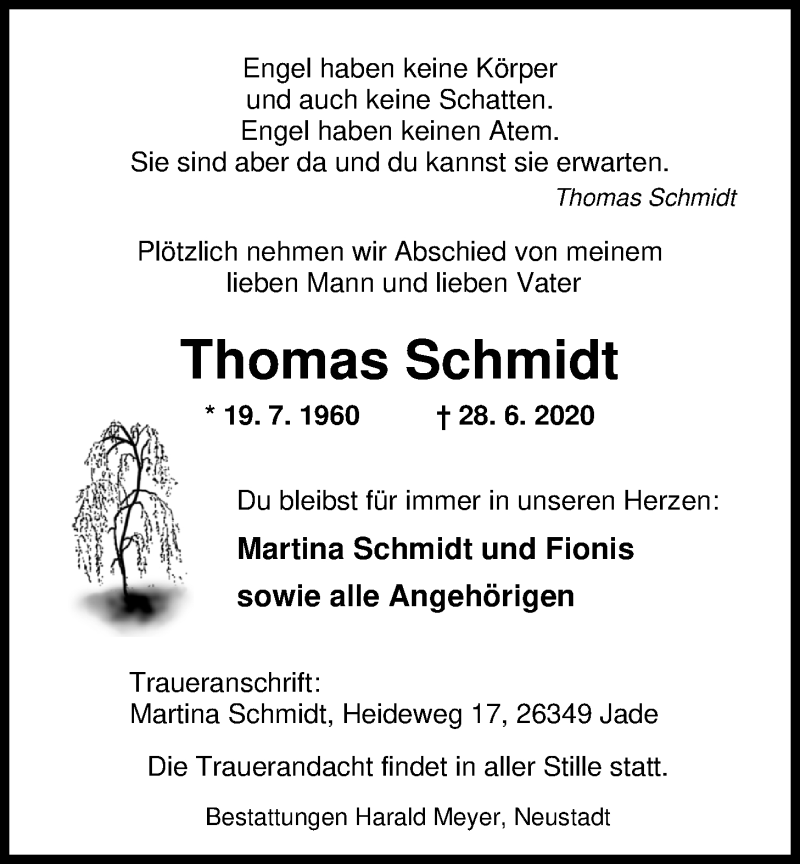  Traueranzeige für Thomas Schmidt vom 01.07.2020 aus Nordwest-Zeitung