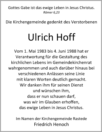 Traueranzeige von Ulrich Hoff von Nordwest-Zeitung