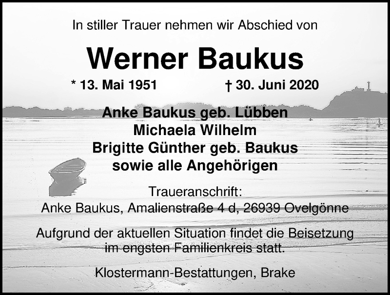  Traueranzeige für Werner Baukus vom 03.07.2020 aus Nordwest-Zeitung