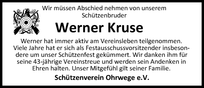  Traueranzeige für Werner Kruse vom 15.07.2020 aus Nordwest-Zeitung
