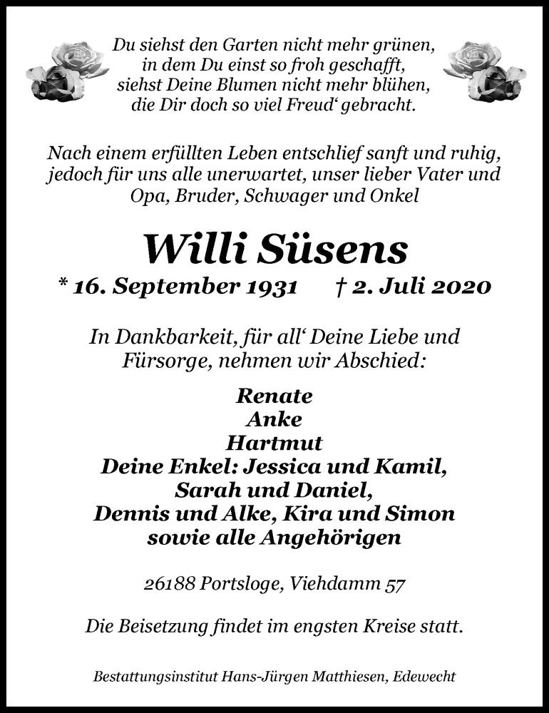  Traueranzeige für Willi Süsens vom 07.07.2020 aus Nordwest-Zeitung