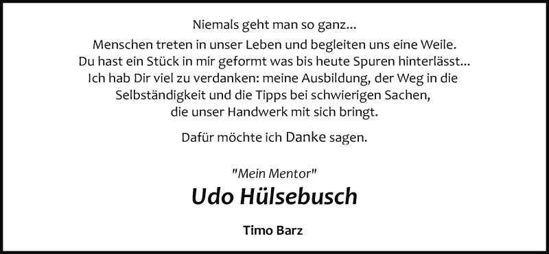  Traueranzeige für Udo Hülsebusch vom 01.08.2020 aus Nordwest-Zeitung