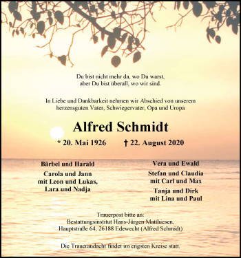 Traueranzeige von Alfred Schmidt von Nordwest-Zeitung