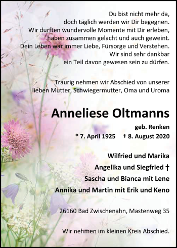 Traueranzeige von Anneliese Oltmanns von Nordwest-Zeitung