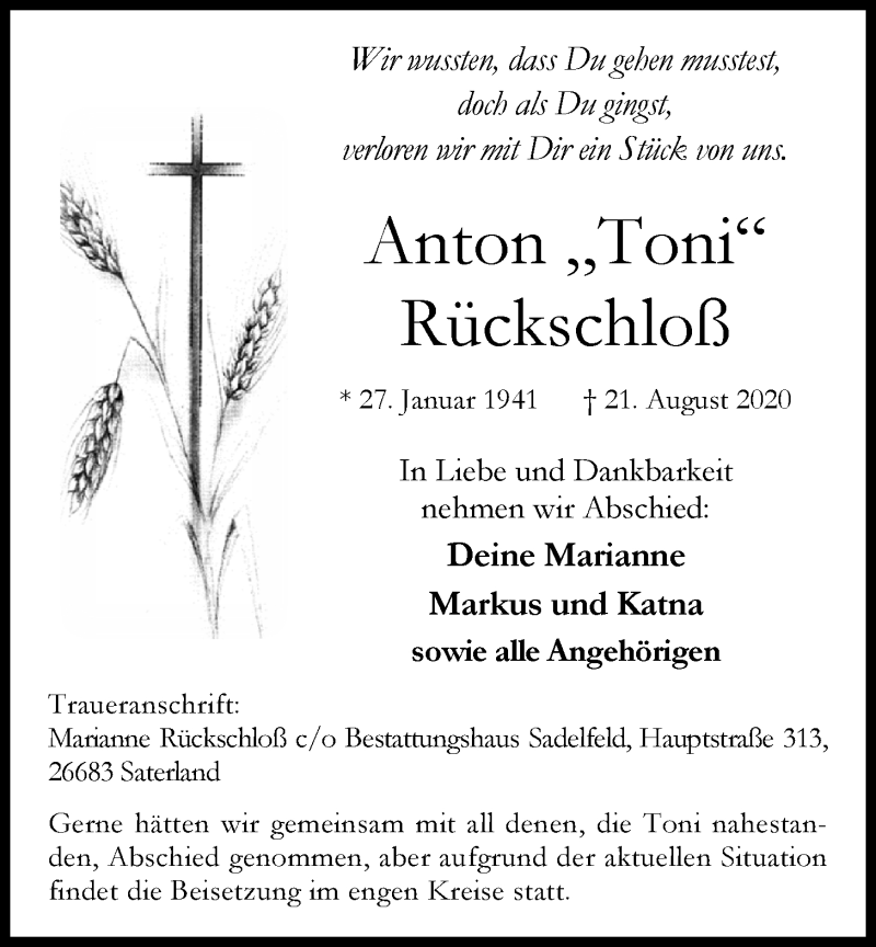  Traueranzeige für Anton Toni Rückschloß vom 25.08.2020 aus Nordwest-Zeitung