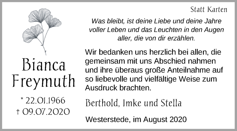  Traueranzeige für Bianca Freymuth vom 15.08.2020 aus Nordwest-Zeitung