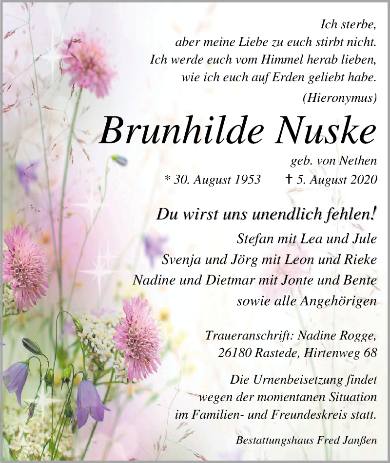  Traueranzeige für Brunhilde Nuske vom 08.08.2020 aus Nordwest-Zeitung
