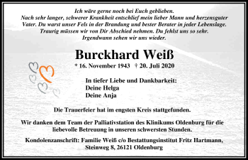 Traueranzeige von Burckhard Weiß von Nordwest-Zeitung
