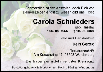 Traueranzeige von Carola Schnieders von Nordwest-Zeitung