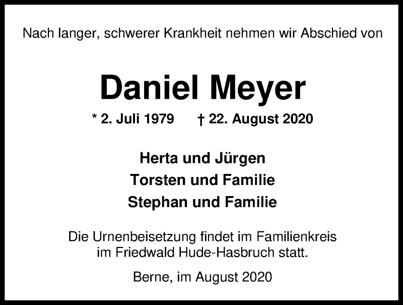  Traueranzeige für Daniel Meyer vom 29.08.2020 aus Nordwest-Zeitung