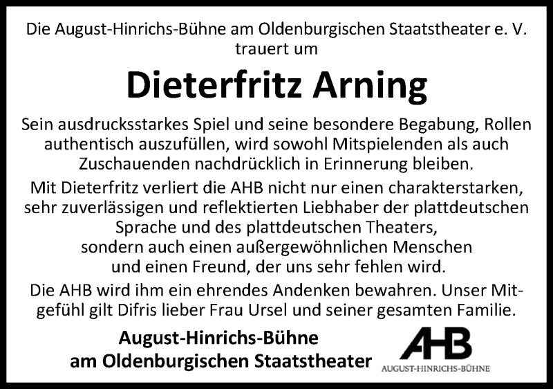  Traueranzeige für Dieterfritz Arning vom 08.08.2020 aus Nordwest-Zeitung