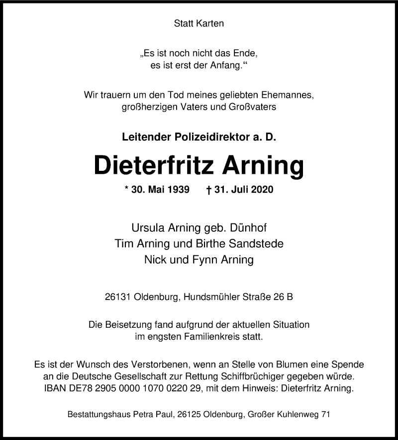  Traueranzeige für Dieterfritz Arning vom 08.08.2020 aus Nordwest-Zeitung