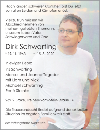 Traueranzeige von Dirk Schwarting von Nordwest-Zeitung