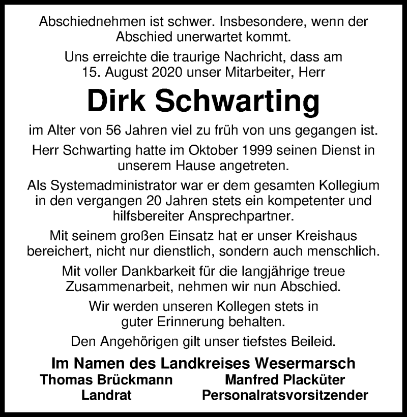  Traueranzeige für Dirk Schwarting vom 19.08.2020 aus Nordwest-Zeitung