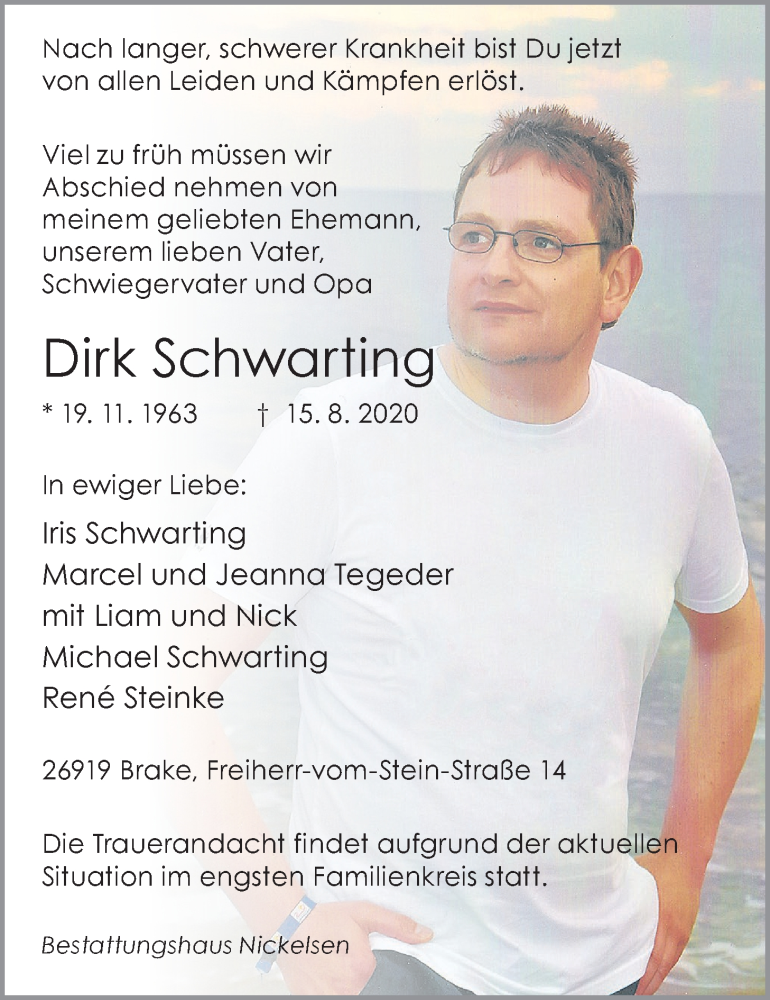  Traueranzeige für Dirk Schwarting vom 19.08.2020 aus Nordwest-Zeitung