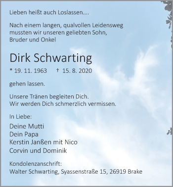 Traueranzeige von Dirk Schwarting von Nordwest-Zeitung