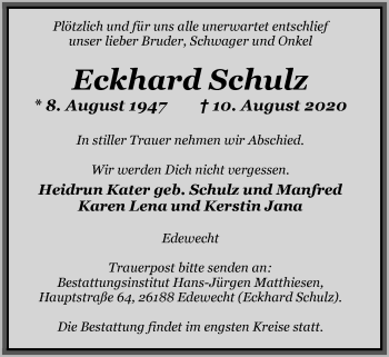 Traueranzeige von Eckhard Schulz von Nordwest-Zeitung