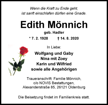Traueranzeige von Edith Mönnich von Nordwest-Zeitung