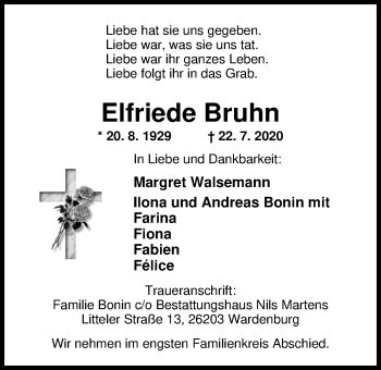 Traueranzeige von Elfriede Bruhn von Nordwest-Zeitung